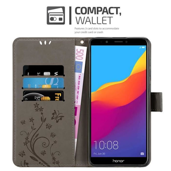 Coque för Honor 7C - CADORABO - Grå Blommig - PU-läder - Ställfunktion - Platser för kort Blommig grå