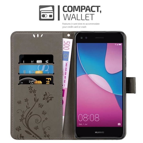 Coque för Huawei Y6 PRO 2017 - CADORABO - Blomsterskal - Syntetiskt läder - Ställfunktion - Heltäckande skydd Blommig grå