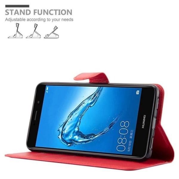 Fodral - CADORABO - Huawei Enjoy 7 PLUS - Rött konstläder - Stativfunktion - 3 kortfack Röd