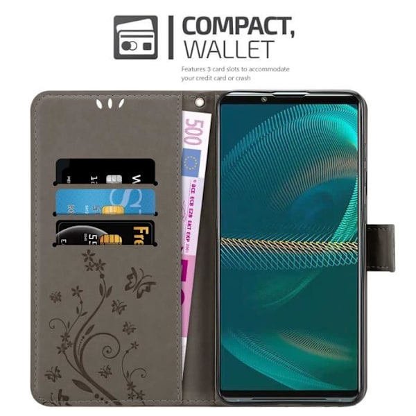 Coque för Sony Xperia 5 III - CADORABO - Grå Blommig - Syntetläder - Ställfunktion - Fack för Kort Blommig grå