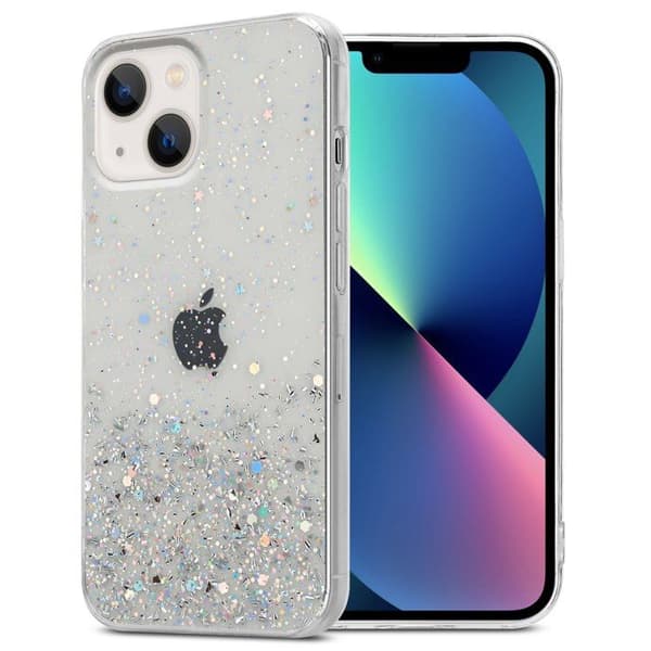Transparent iPhone 14 PLUS-fodral med glitter, skyddande glittrande design Vit