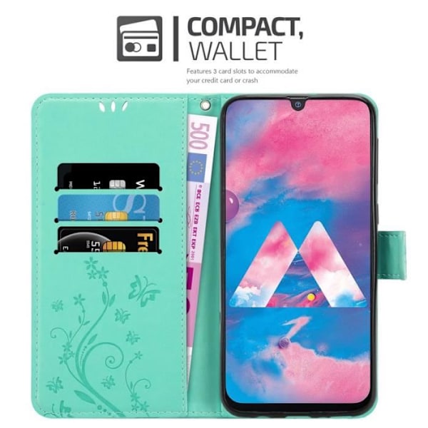 Fodral till Samsung Galaxy M30 - CADORABO - Blommönster - Imiterat läder - Stativfunktion - 3 kortplatser Grön