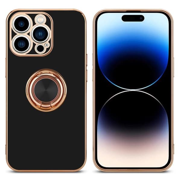 iPhone 14 PRO Glansig Svart - Guld med kameraskydd Svart