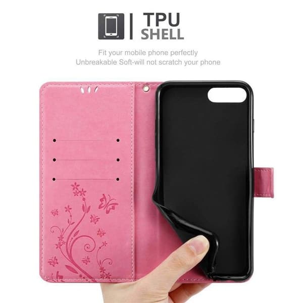 Fodral med lock för iPhone 7 PLUS / 7S PLUS / 8 PLUS Etui i ROSA BLOMMÖNSTER Skydd Design Blommig Plånbok Ros