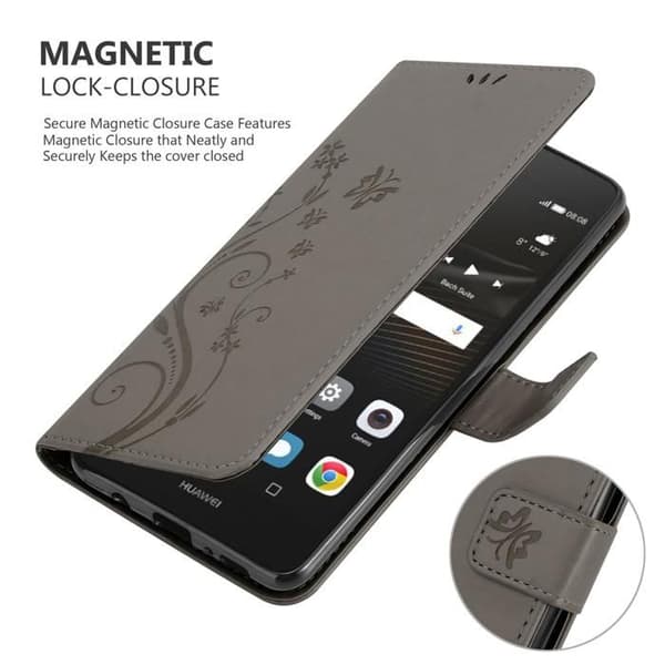 Fodral med lock för Huawei P9 LITE 2016 / G9 LITE Etui i GRÅ BLOMMÖNSTER Skydd Design Blommig Plånbok Grå