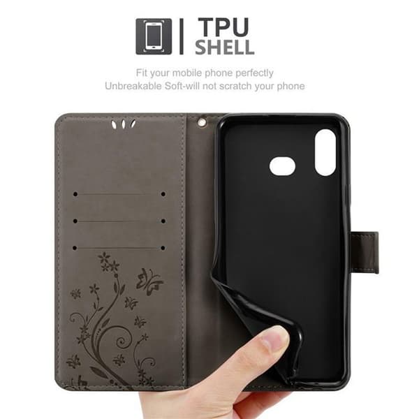 Fodral med lock för Samsung Galaxy A6s Etui i GRÅTT BLOMMÖNSTER Skyddande Blommönster Plånbok Grå