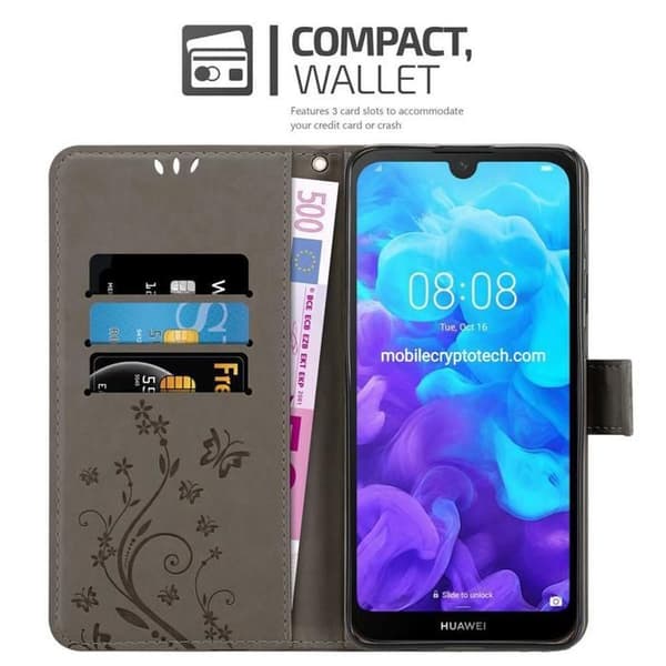 Fodral med lock för Huawei Y6 PRO 2019, Grå Blommig Design, Plånboksfodral Grå