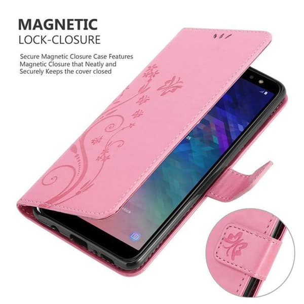 Fodral med lock för Samsung Galaxy A6 2018 Etui i ROSA BLOMMÖNSTER Skydd Design Blommig Plånbok Ros