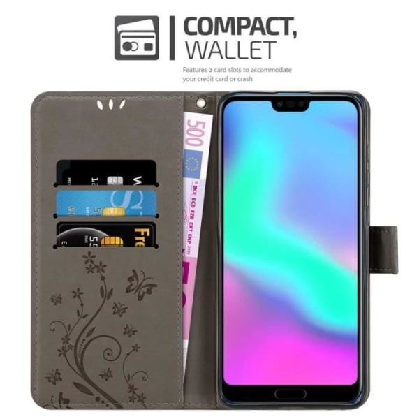 Coque Honor 10 - CADORABO - Grå Blommig - Syntetisk Läder - Ställfunktion - Fack för Kort Blommig grå