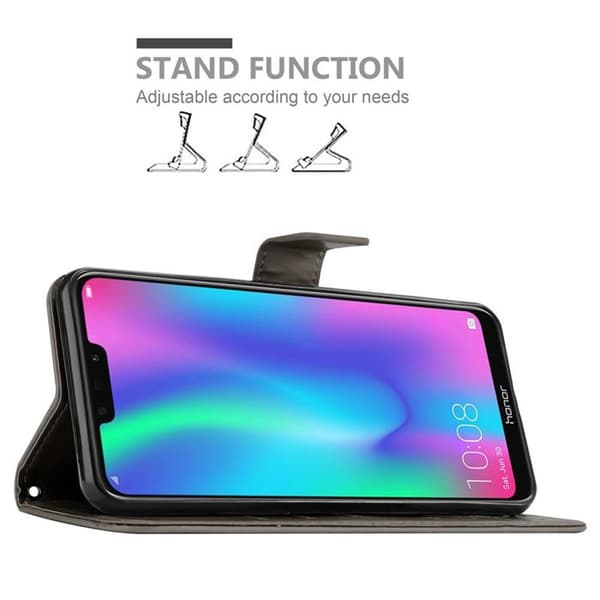 Fodral med lock för Honor 8C Etui i GRÅ BLOMMIG Design Blomster Plånboksskydd Grå