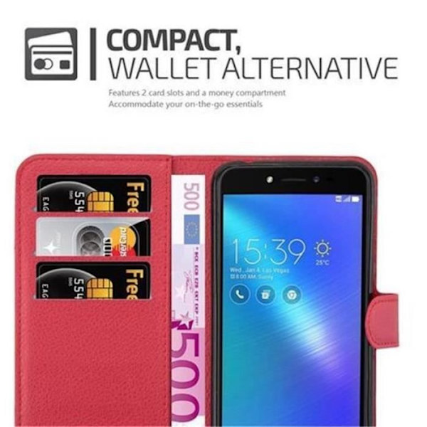 Fodral - CADORABO - Asus ZenFone LIVE / 3 GO - Röd konstläder - Stativfunktion - 3 kortfack Röd
