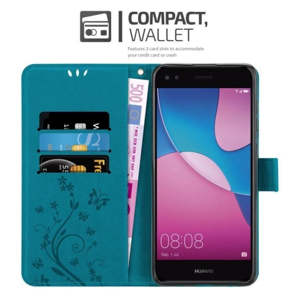 Fodral - CADORABO - Huawei Y6 PRO 2017 - Imiterat läder - Blommigt - Stativfunktion BLOMMA BLÅ