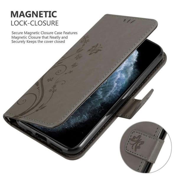 Fodral med lock för iPhone 11 PRO Etui i GRÅ BLOMMÖNSTER Skydd Design Blommig Plånbok Grå