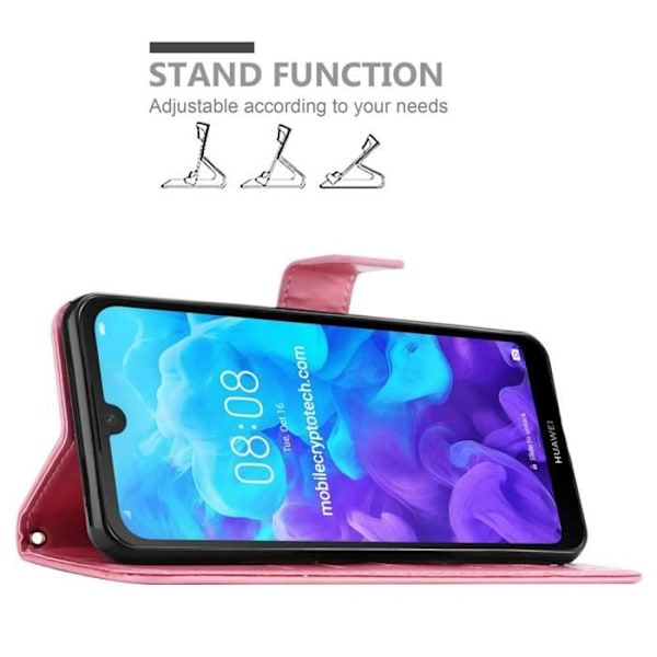 Coque för Huawei Y6 PRO 2019 - CADORABO - Rosablommig - Syntetläder - Ställfunktion - Fack för kort Rosa blommig