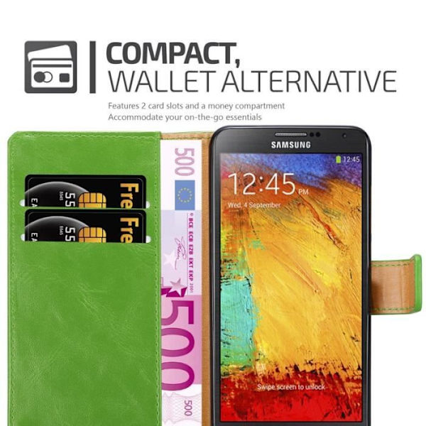 Fodral - CADORABO - Samsung Galaxy NOTE 3 NEO - Läderimitation - Grön - Stativfunktion och kortfack Grön