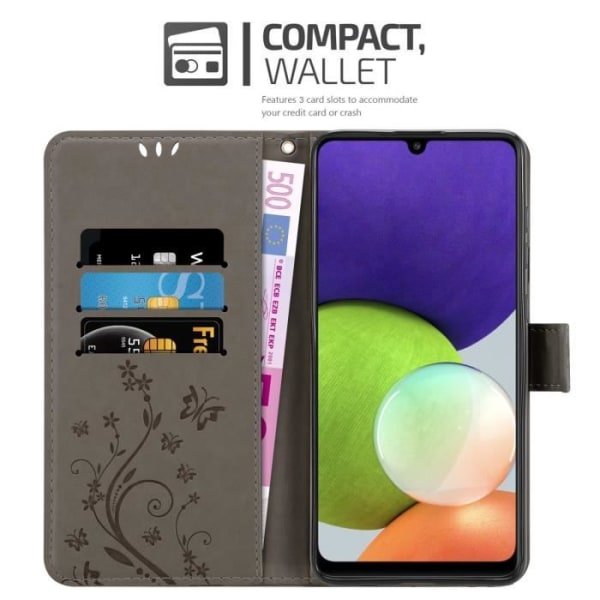Coque - CADORABO - Galaxy A22 4G / M22 / M32 4G - Similicuir - Grå Blommönster - Ställfunktion Blommig grå
