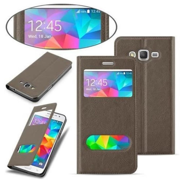 Samsung Galaxy GRAND PRIME Fodral i STONE BROWN by Cadorabo (Design VIEW) Helt skyddande fodral med flipskydd, stativ