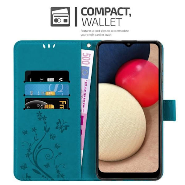 Coque - CADORABO - Samsung Galaxy A02s - Similicuir - Blå Blommor - Plånboksfodral Ställ BLOMMA BLÅ
