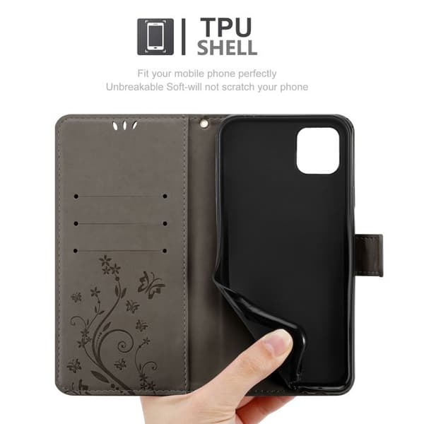 Fodral med lock för iPhone 13 MINI Etui i GRÅ BLOMMÖNSTER Skydd Design Blommig Plånbok Grå
