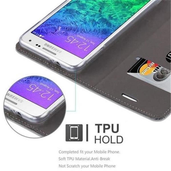Samsung Galaxy ALPHA-fodral i GRÅ SVART från Cadorabo (FABRIC-LEATHERETTE Design) Helt skyddsfodral med flipskydd och