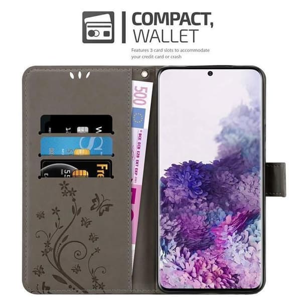 Fodral med lock för Samsung Galaxy S20, Etui i GRÅTT BLOMMÖNSTER, Skyddande Blommönster Plånbok Grå