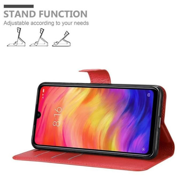Fodral - CADORABO - RedMi NOTE 7 - Rött konstläder - Horisontellt stöd - 3 kortfack Röd