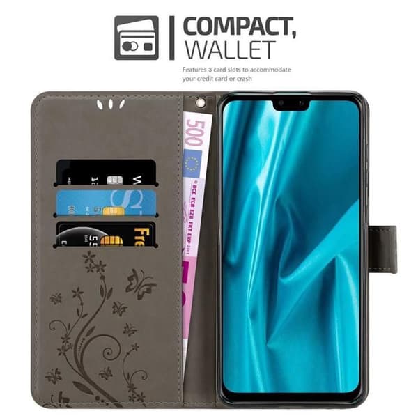 Fodral med lock för Huawei Y9 2019 Etui i GRÅ BLOMMÖNSTER Skydd Design Blommig Plånbok Grå