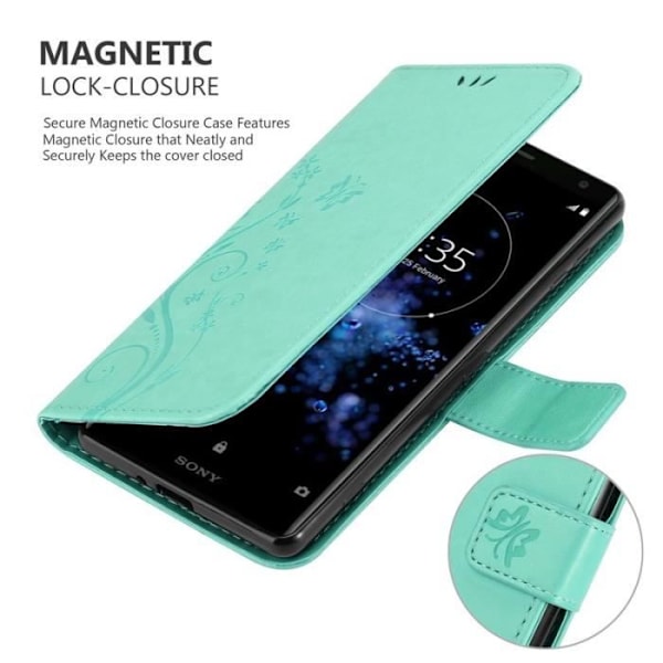 Fodral till Sony Xperia XZ2 - CADORABO - Blommönster - Imiterat läder - Stativfunktion - 3 kortplatser Grön