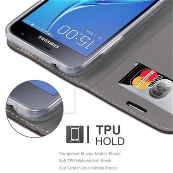 Cadorabo Samsung Galaxy J3 DUOS 2016 Fodral - Antracitguld - Tyg-läder - Stativ och kortplatser Antracit guld