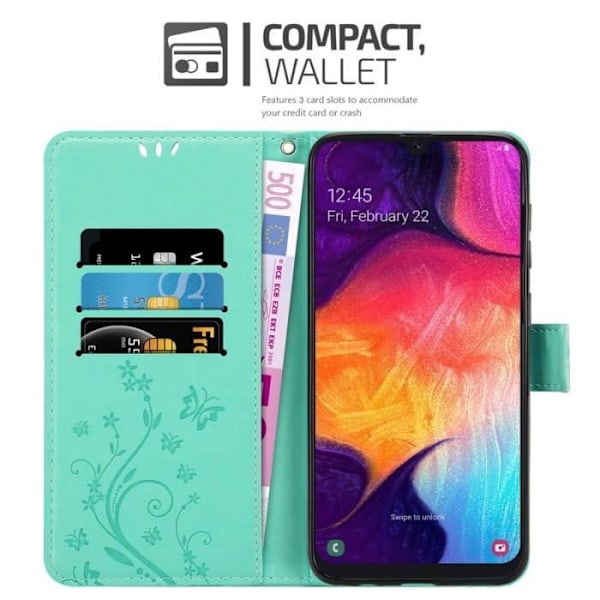 Fodral till Samsung Galaxy A50 - CADORABO - Blommönster - Imiterat läder - Stativfunktion - 3 kortplatser Grön