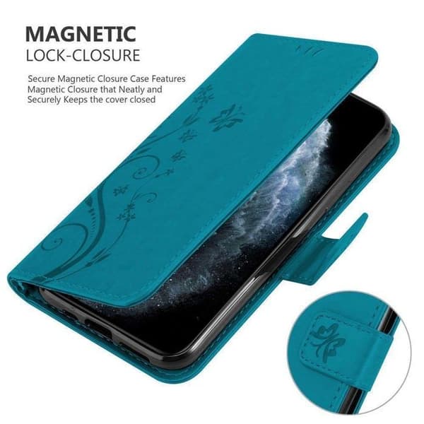 Fodral med lock för iPhone 11, Etui i BLÅ BLOMSTERDESIGN, Skyddande Blomsterplånbok Blå