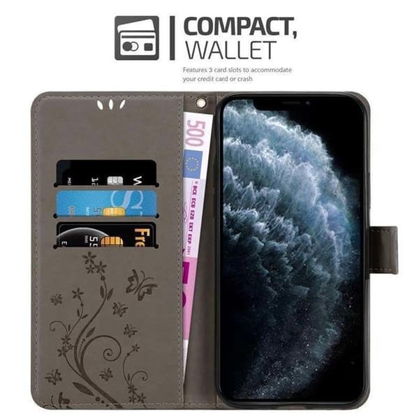 Fodral med lock för iPhone 11, Grå Blommig Design, Plånboksfodral Grå