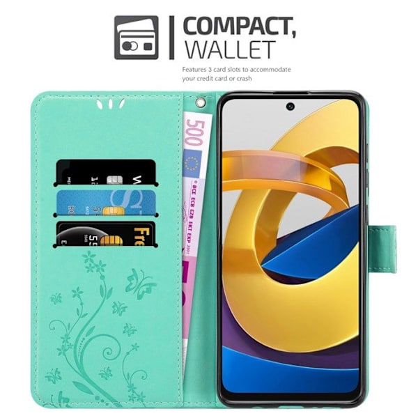 Coque för Xiaomi POCO M4 PRO 5G Housse i TURKOS BLOMMÖNSTER Etui Case Cover Skydd Blommig Plånbok Wallet Grön