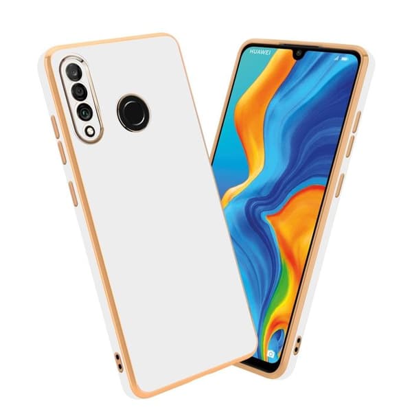 Fodral för Huawei P30 LITE Glansig Vit - Guld med skydd för kamera Vit