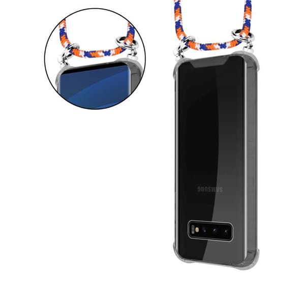 Mobilskal för Samsung Galaxy S10 PLUS med axelrem i ORANGE BLÅ VIT med justerbar snodd Blå