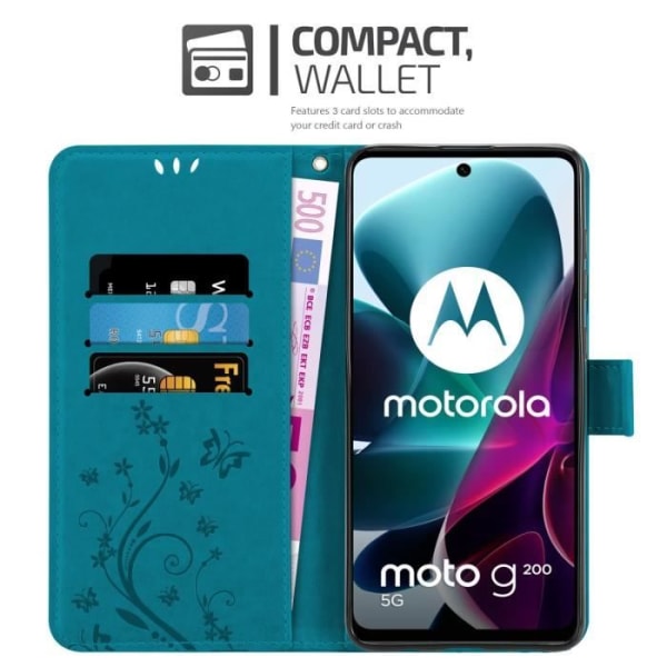 Coque för Motorola MOTO G200 5G - CADORABO - Blommigt Etui - Konstläder - Ställfunktion - Fullständigt skydd BLOMMA BLÅ