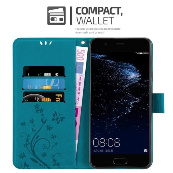 Coque för Huawei P10 - CADORABO - BLÅ FLORAL - Syntetskt läder - Ställfunktion - Fack för kort BLOMMA BLÅ
