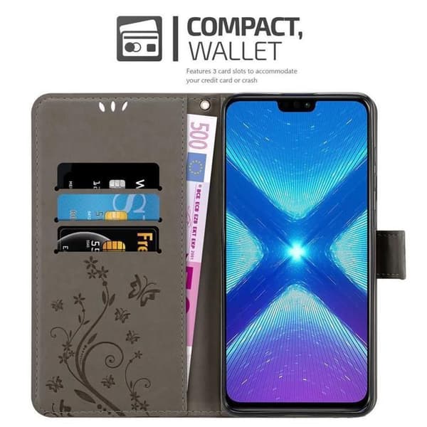Fodral med lock för Honor 8X Etui i GRÅTT BLOMMÖNSTER Skydd Design Blommig Plånbok Grå