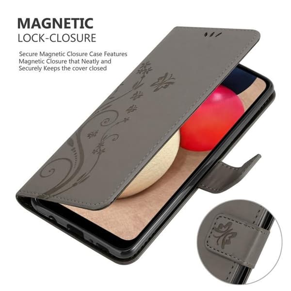 Fodral med lock för Samsung Galaxy A02s Etui i GRÅ BLOMMÖNSTER Skydd Design Blommig Plånbok Grå