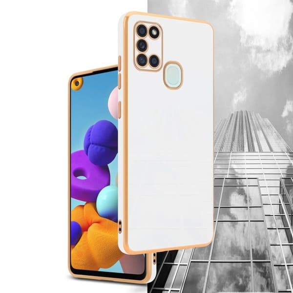 Samsung Galaxy A21s Glansig Vit - Guld med skydd för kameran Vit