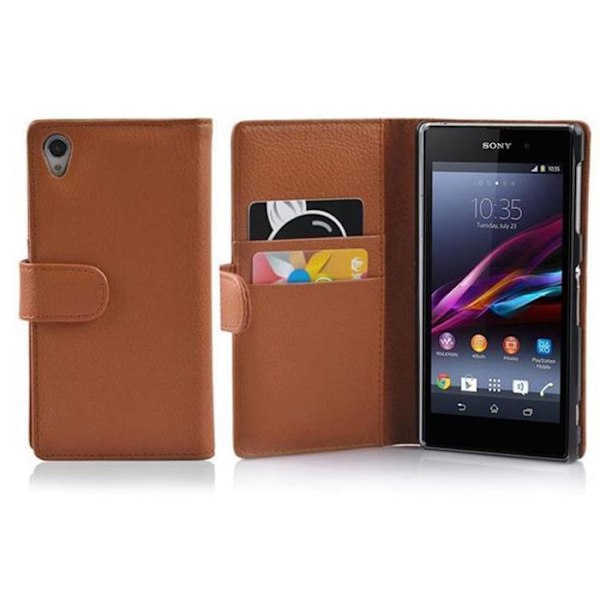 Fodral för Sony Xperia Z1 Etui i NÖTBRUN Hölje Skydd i strukturerad konstläder med fack kastanj