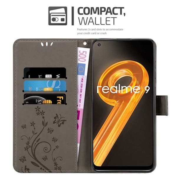 Fodral med lock för Realme 9 4G / 9 PRO+ Etui i GRÅ BLOMMÖNSTER Skydd Design Blommig Plånbok Grå
