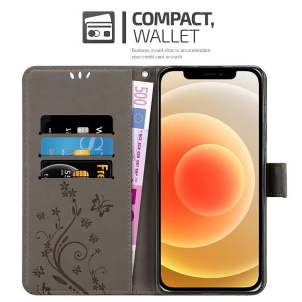 Fodral med lock för iPhone 12 MINI Etui i GRÅ BLOMMÖNSTER Skydd Design Blommig Plånbok Grå