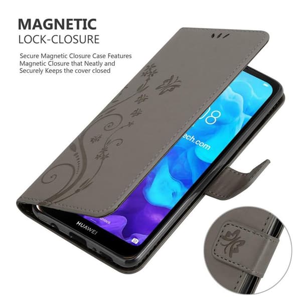 Fodral med lock för Huawei Y6 PRO 2019, Grå Blommig Design, Plånboksfodral Grå
