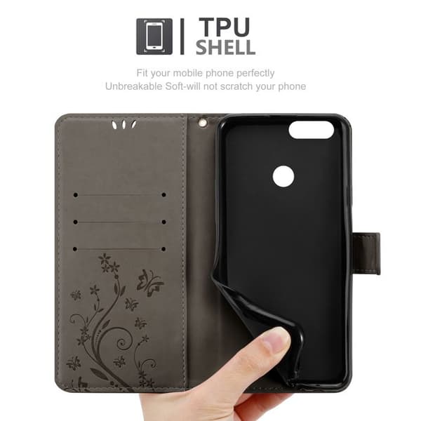 Fodral med lock för Honor 7X Etui i GRÅTT BLOMMÖNSTER Skydd Design Blommig Plånbok Grå