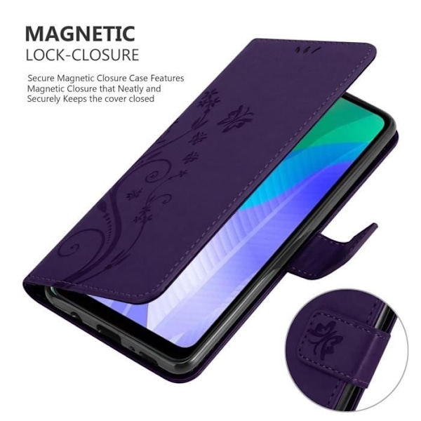 Coque för Huawei Y6P - CADORABO - Mörklila Blommor - Syntetläder - Ställfunktion - Komplett Skydd Mörk lila