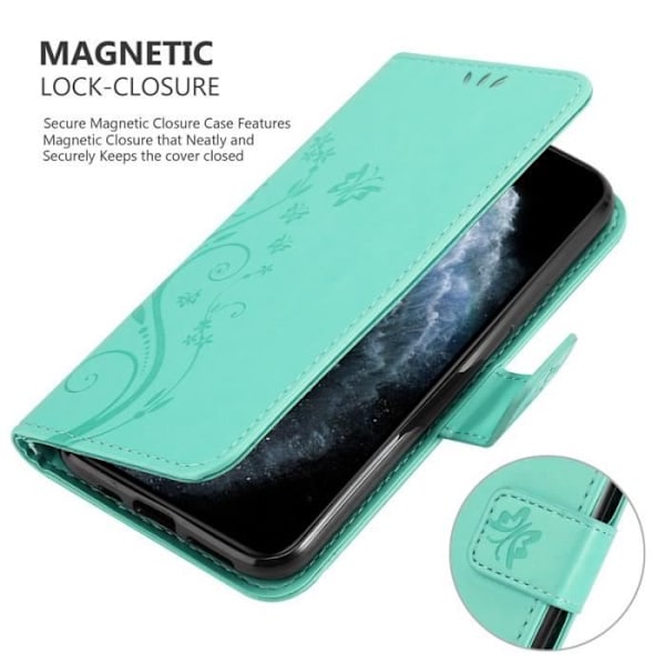 Coque - CADORABO - iPhone 11 PRO MAX - Syntetiskt läder med blommönster - Stöd funktion - 3 kortplatser Grön