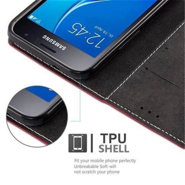 Cadorabo Fodral Samsung Galaxy J1 2016 (6) RÖD SVART SIMILI-(LÄDER/MOKA) Fodral Fodral Magnetiskt skydd Stativ Kortplats
