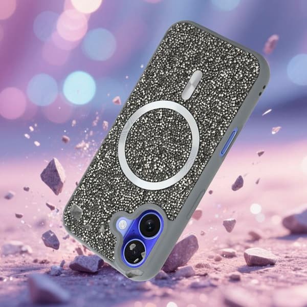 iPhone 16 PLUS-fodral i GRÅ Stötsäker Magsafe-kompatibel med diamantglitterstil Grå