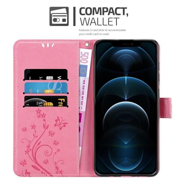 Etui för iPhone 12/12 PRO - CADORABO - Rosafloral - Syntetläder - Ställfunktion - Platser för kort Rosa blommig